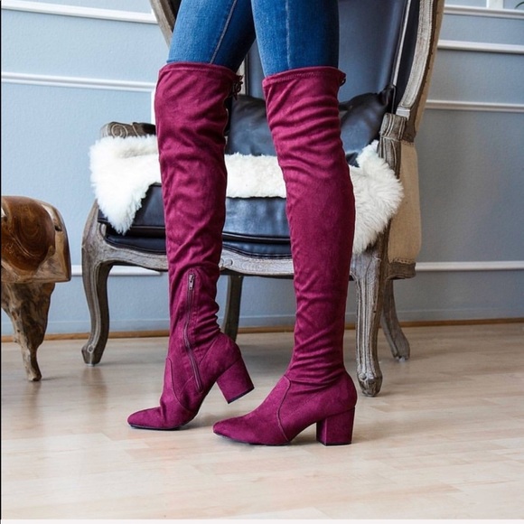 Burgundy Over The Knee Back Lace Kitten Heel Boot - Picture 4 of 5